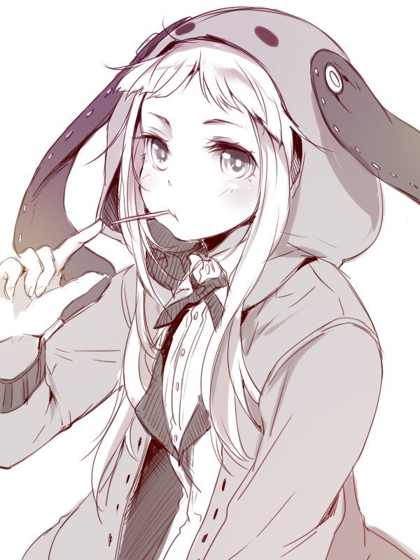 10s, 1girl, animal_hood, female_focus, hood, hoodie, kakegurui, long_hair, looking_at_viewer, mataichi_mataro, monochrome, solo, yomozuki_runa