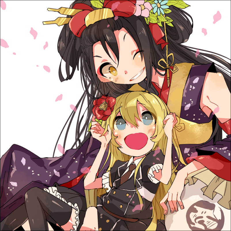 10s, 2boys, black_hair, blonde_hair, blue_eyes, detached_sleeves, dress, flower