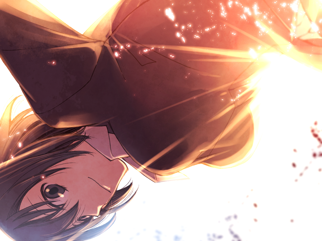 1girl, black_eyes, black_hair, chain_sumeragi, female_focus, kekkai_sensen, lens_flare, light_rays, looking_at_viewer, reki09, short_hair, solo