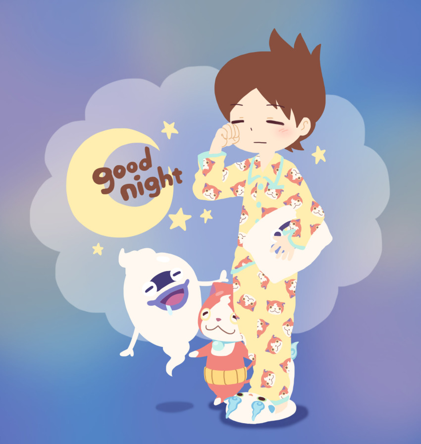 10s, 1boy, :3, amano_keita, blush, brown_hair, cameo, cat, character_pillow, chuno, crescent_moon, drooling, english_text, closed_eyes, ghost, haramaki, highres, jibanyan, komasan, moon, multiple_tails, open_mouth, pajamas, pillow, purple_lips, saliva, short_hair, slippers, standing, star_(symbol), tail, two_tails, whisper_(youkai_watch), traditional_youkai, youkai_watch
