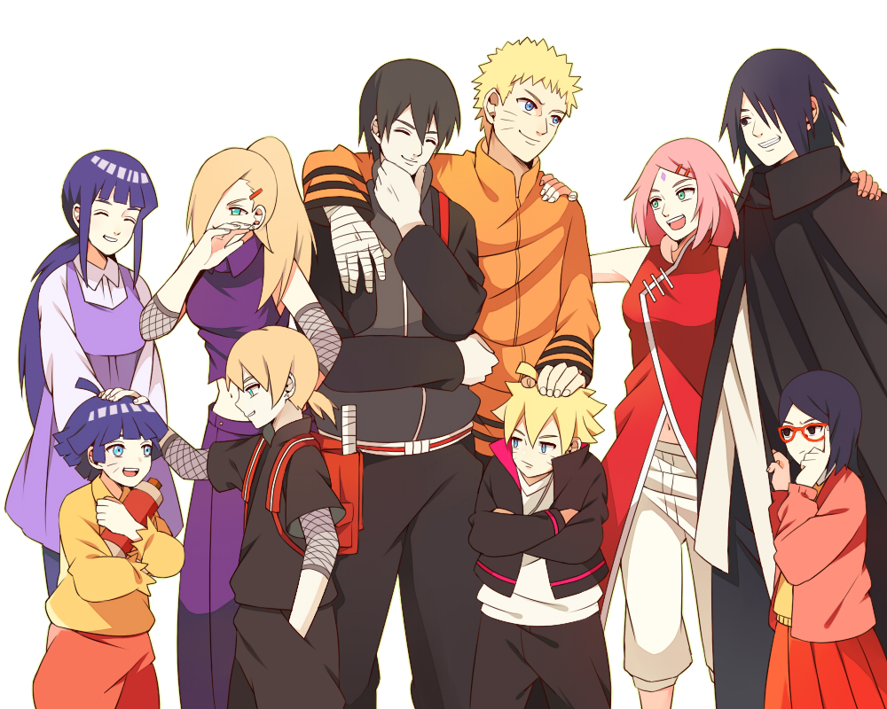 5boys, 5girls, ahoge, arm_around_shoulder, bandaged_arm, bandages, black_hair, blonde_hair, facial_mark, family, father_and_child, father_and_daughter, father_and_son, forehead_mark, hair_over_one_eye, haruno_sakura, high_ponytail, hyuuga_hinata, low_ponytail, mother_and_child, mother_and_daughter, mother_and_son, multiple_boys, multiple_girls, naruto_(classic), naruto_(series), pale_skin, parent_and_child, pink_hair, ponytail, purple_hair, rabi3, sai_(naruto), spiked_hair, standing, uchiha_sarada, uchiha_sasuke, uzumaki_boruto, uzumaki_himawari, uzumaki_naruto, whiskers, yamanaka_ino, yamanaka_inojin