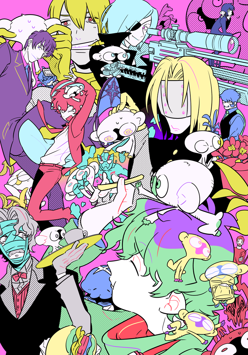 black_hair, blonde_hair, burger, chain_sumeragi, cup, deldro_brody, doug_hammer, eating, eyepatch, facial_hair, fangs, femt_(kekkai_sensen), food, french_fries, gilbert_f._altstein, glass, glasses, gun, k.k._(kekkai_sensen), kekkai_sensen, klaus_von_reinhertz, leonardo_watch, long_hair, maruco, monkey, mutton_chops, necktie, rifle, short_hair, sniper_rifle, sonic_speed_monkey, steven_a._starphase, weapon, zap_renfro, zed_o'_brien