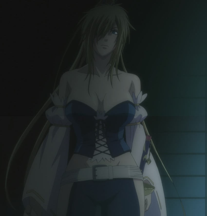 1girl, anastasia_(brave_10), anime_screenshot, bare_shoulders, blonde_hair, blue_eyes, brave_10, breasts