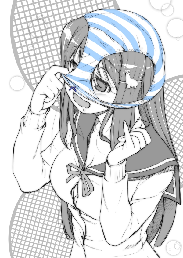 10s, 1girl, :d, alpaca, bandou_marimo, blush, breasts, cleavage, collarbone, drooling, female_focus, female_pervert, hair_ornament, hairclip, long_hair, long_sleeves, nishizaki_eimu, object_on_head, open_mouth, panties, panties_on_head, pervert, ribbon, school_uniform, serafuku, smile, solo, spot_color, striped_clothes, striped_panties, teekyuu, underwear