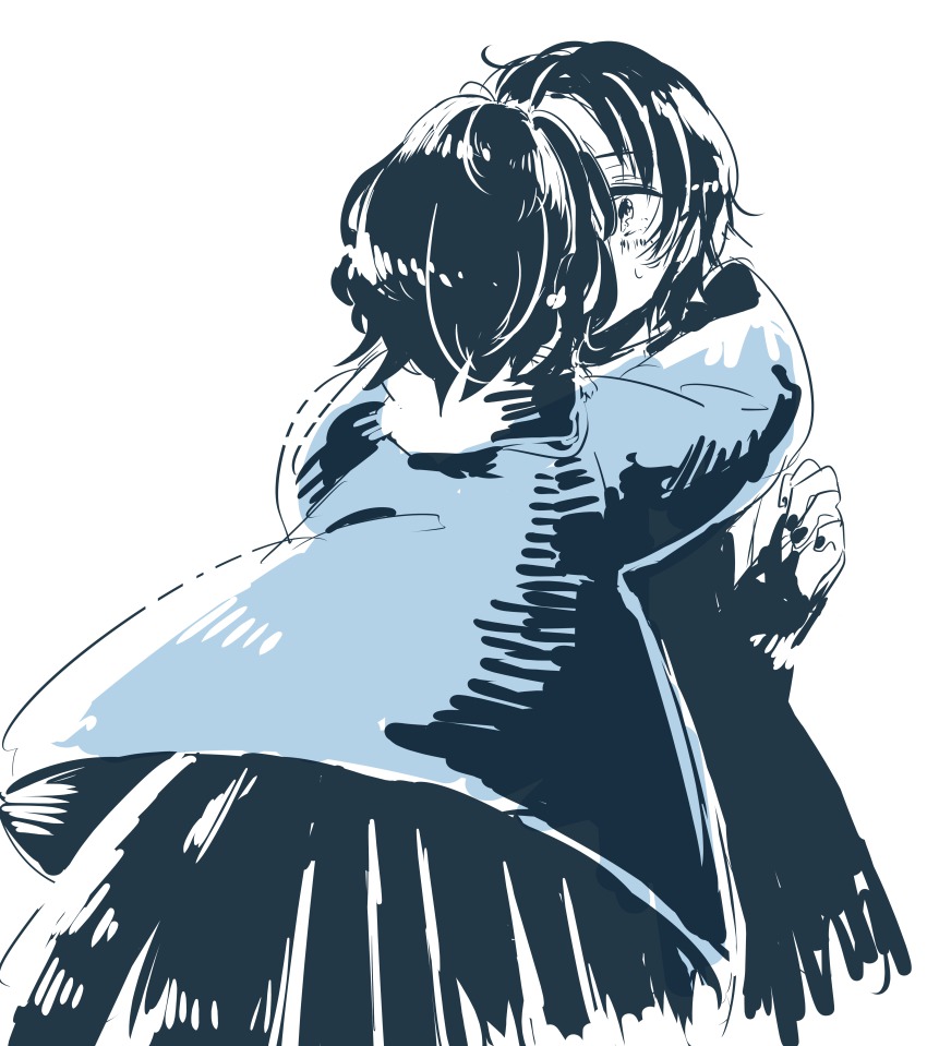 10s, 2boys, absurdres, bad_id, bad_pixiv_id, blue_theme, flat_color, from_behind