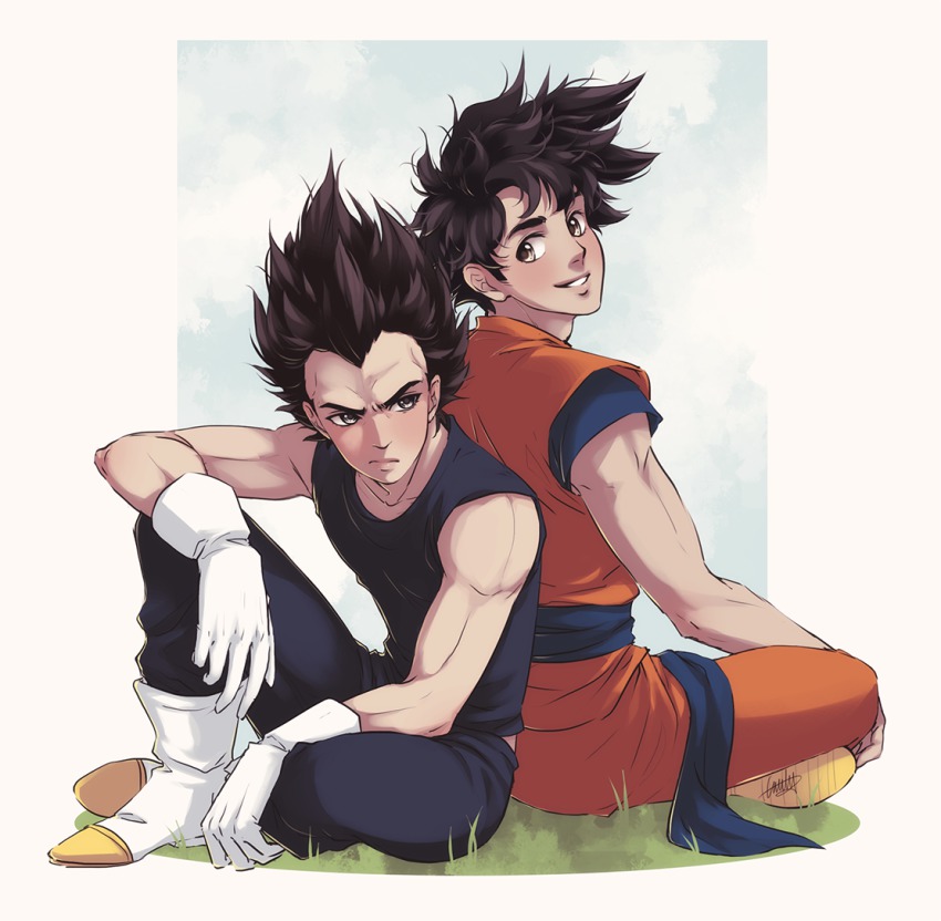 2boys, back-to-back, black_hair, boots, brown_eyes, dougi, dragon_ball, dragonball_z