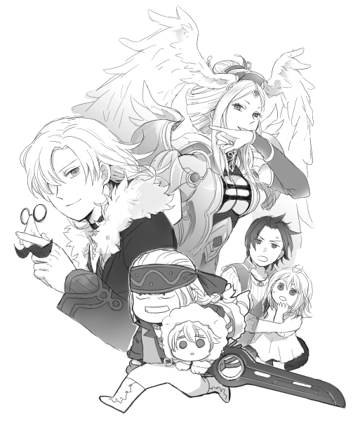 aged_down, alvis_(xenoblade), chibi, dickson_(xenoblade), dunban_(xenoblade), fiora_(xenoblade), greyscale, head_wings