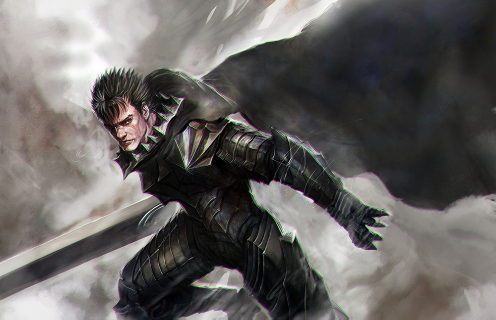 1990s_(style), 1boy, armor, berserk, berserker_armor, black_hair, cape, dragonslayer_(sword)