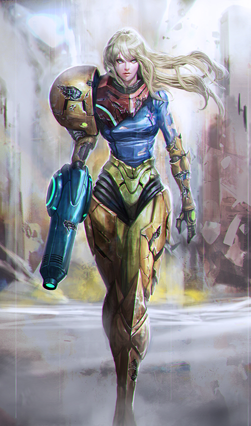 1girl, aqua_eyes, arm_cannon, armor, blonde_hair, bodysuit, breasts, broken_armor, damaged, female_focus, floating_hair, full_body, hip_focus, lips, long_hair, longai, looking_at_viewer, metroid, nintendo, power_armor, power_suit_(metroid), realistic, samus_aran, scar, scar_across_eye, scar_on_face, serious, solo, torn_bodysuit, torn_clothes, varia_suit, walking, weapon, zero_suit