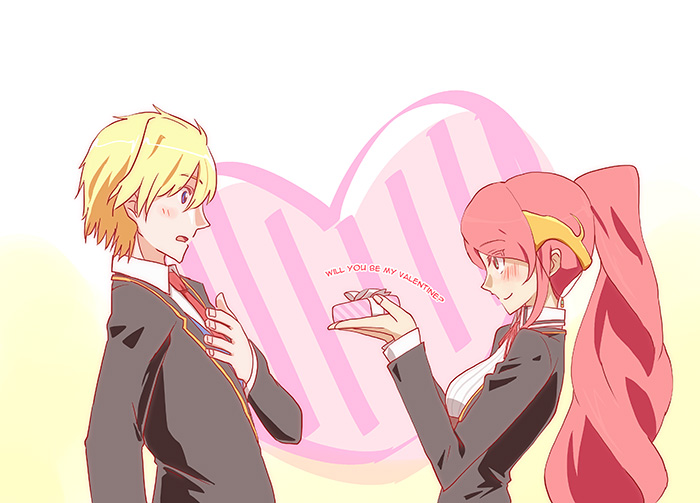 1boy, 1girl, blush, jaune_arc, long_hair, meteoride, ponytail, pyrrha_nikos