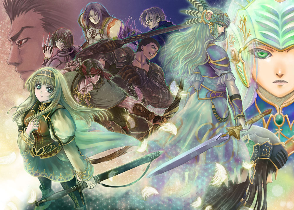 4girls, 6+boys, alicia_(valkyrie_profile_2), armor, arngrim, black_hair, brown_hair, character_request, everyone, expressionless, feathers, gloves, green_eyes, hairband, headband, helmet, hrist_valkyrie, lenneth_valkyrie, lezard_valeth, multiple_boys, multiple_girls, rufus_(valkyrie_profile), silmeria_valkyrie, skirt, sutehiko, sword, valkyrie_profile_(series), valkyrie_profile_2:_silmeria, weapon