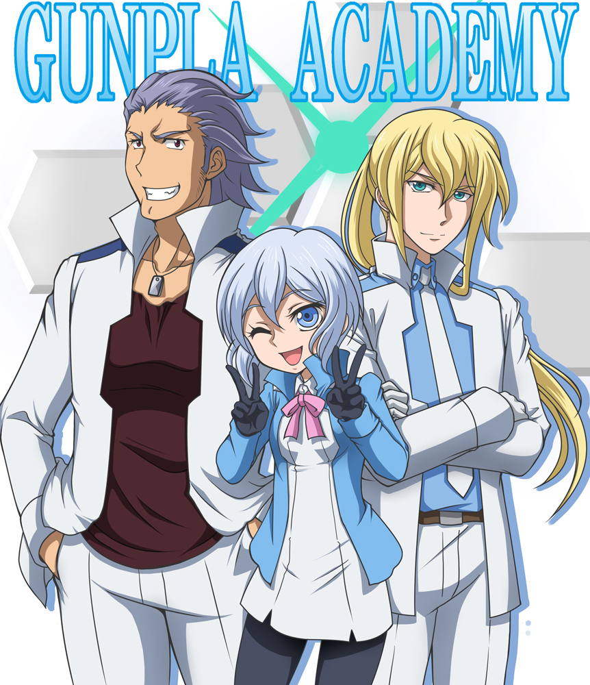 10s, 1girl, 2boys, ;d, adou_saga, black_gloves, blonde_hair, blue_eyes, bow, crossed_arms, double_v, gloves, grey_hair, grin, gundam, gundam_build_fighters, gundam_build_fighters_try, hanzou, jacket, jewelry, kijima_shia, kijima_wilfrid, long_hair, multiple_boys, necklace, one_eye_closed, open_mouth, pants, pantyhose, pink_bow, ponytail, red_eyes, short_hair, skirt, smile, v, white_gloves, white_hair, white_skirt