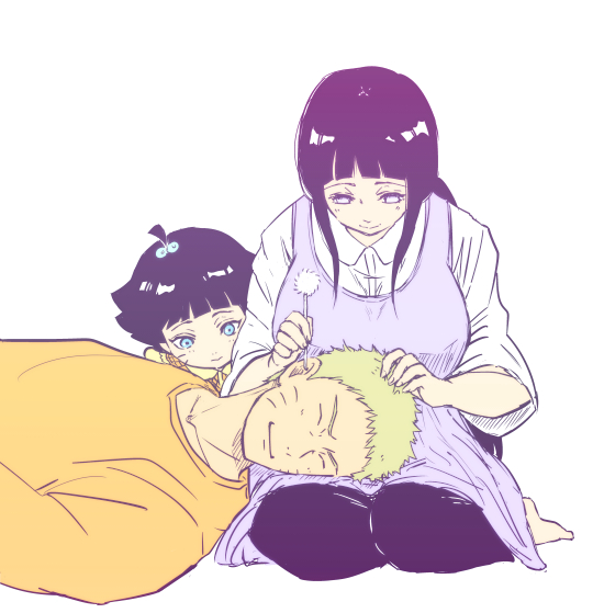 1boy, 2girls, ahoge, closed_eyes, ear_cleaning, father_and_child, father_and_daughter, husband_and_wife