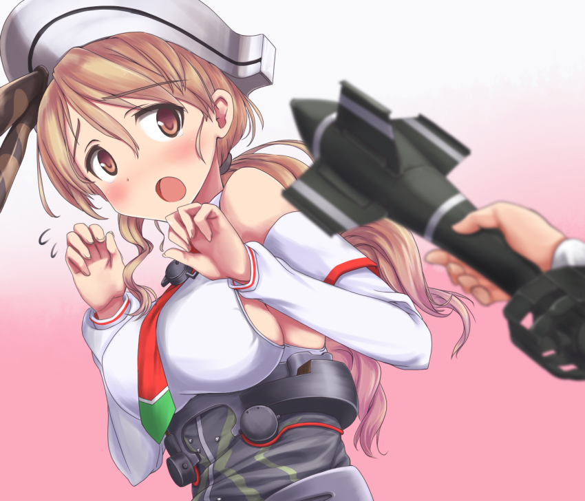 10s, 1girl, :o, a9b_(louis814), aerial_bomb, anti-ship_bomb, bare_shoulders, blush, bomb, breasts, brown_eyes, brown_hair, detached_sleeves, explosive, flying_sweatdrops, fritz_x, giving, glide_bomb, gradient_background, hair_ornament, headdress, highres, kantai_collection, large_breasts, light_brown_hair, littorio_(kancolle), long_hair, necktie, open_mouth, ponytail, sideboob, solo_focus, upper_body, wavy_hair