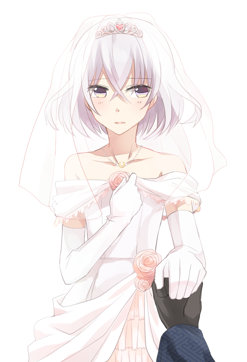 10s, 1boy, bad_id, bad_pixiv_id, black_gloves, bridal_veil, crossdressing, crossdressing_(mtf), dress, elbow_gloves, flower, gloves, honebami_toushirou, male_focus, male_hand, mikazuki_munechika, purple_eyes, ritsu_(iqpi), rose, sayagata, smile, solo_focus, tiara, touken_ranbu, trap, unmoving_pattern, veil, wedding_dress, white_background, white_gloves, white_hair, yaoi