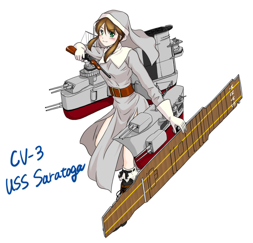 10s, 1girl, belt, brown_hair, female_focus, flight_deck, gloves, green_eyes, habit, highres, kantai_collection, lace_trim, nun, nun_headdress, original, sakurato_tsuguhi, solo, uss_saratoga, uss_saratoga_(cv-3)