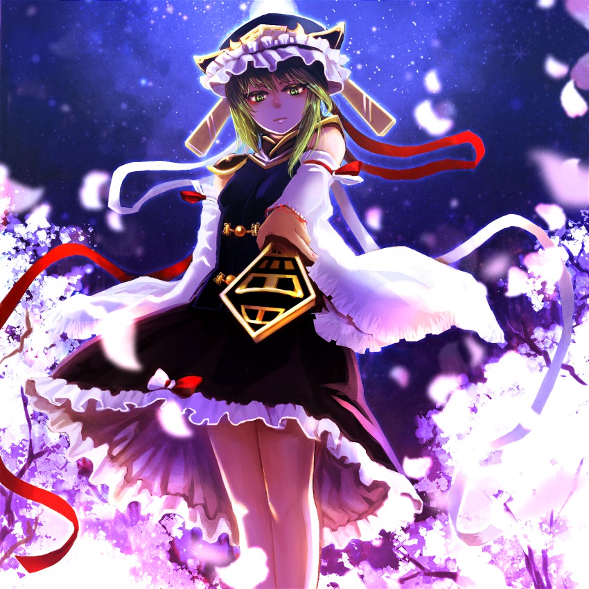 1girl, backlighting, cherry_blossoms, cowboy_shot, detached_sleeves, female_focus, full_moon, green_eyes, green_hair, highres, ibitsu, looking_at_viewer, matching_hair/eyes, moon, night, petals, ribbon-trimmed_sleeves, ribbon_trim, rod_of_remorse, serious, shiki_eiki, skirt, sky, solo, star_(sky), starry_sky, touhou, upskirt