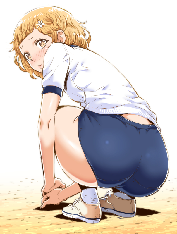 1girl, ass, blonde_hair, blush, buruma, cherry_teacher_sakura_naoki, curly_hair, female_focus