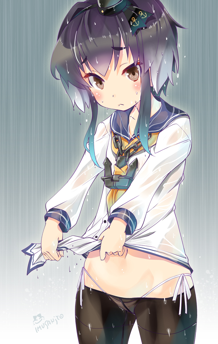 10s, 1girl, :<, anchor, black_hair, blush, breasts, brown_eyes