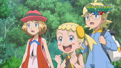 2boys, 2girls, animated, animated_gif, anime_screenshot, ash_ketchum, bonnie_(pokemon), chespin