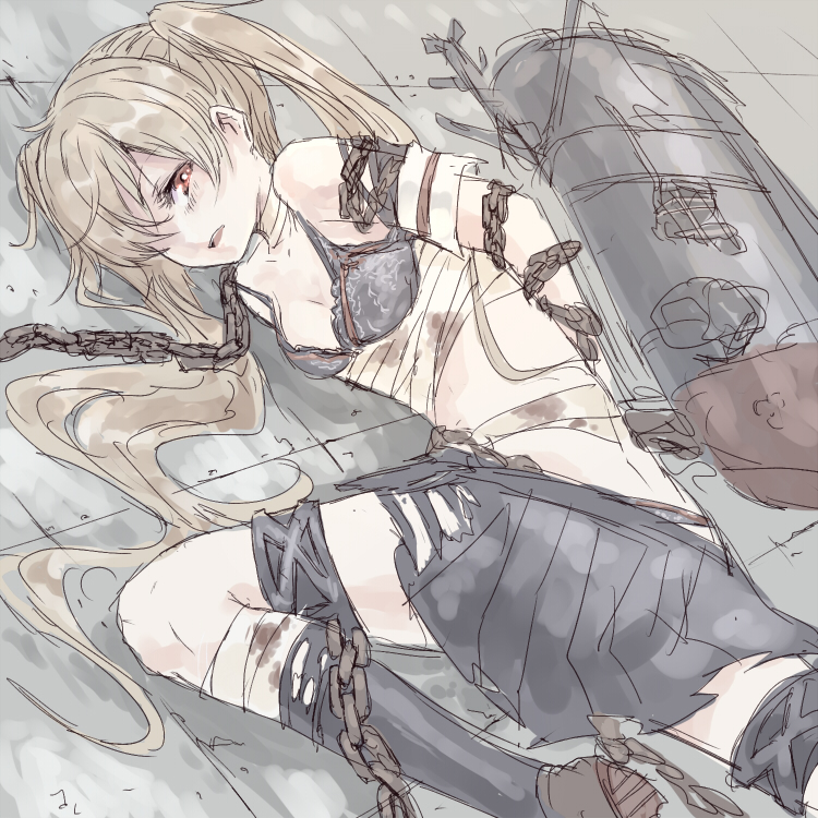 10s, 1girl, bandages, black_bra, bra, chain, female_focus, kantai_collection