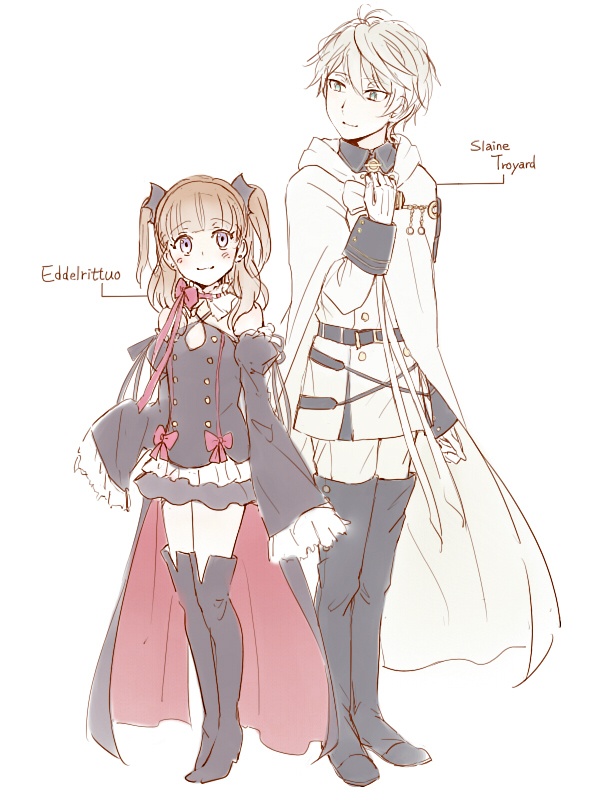 1boy, 1girl, aldnoah.zero, alternate_hairstyle, bare_shoulders, black_dress, black_footwear, black_thighhighs, blue_eyes, blush, boots, brown_hair, character_name, cloak, cosplay, detached_sleeves, dress, eddelrittuo, gloves, hyakuya_michaela_(cosplay), hyakuya_mikaela, krul_tepes, krul_tepes_(cosplay), long_hair, military, military_uniform, ono_kenshou, owari_no_seraph, ribbon, short_hair, slaine_troyard, smile, thigh_boots, thighhighs, two_side_up, voice_actor_connection, xsinon