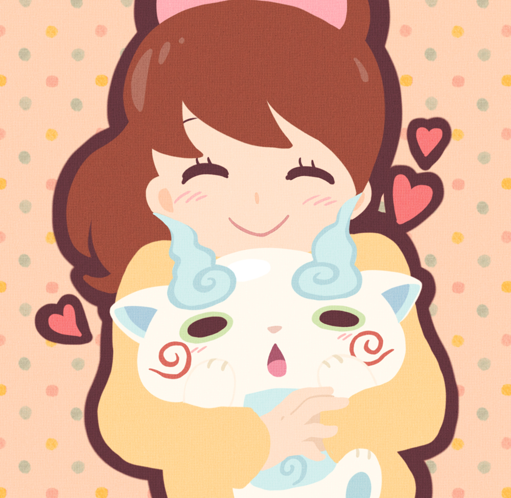 10s, 1girl, ^_^, blush, brown_hair, chestnut_mouth, chuno, closed_eyes, heart, hug, kodama_fumika, komasan, long_hair, open_mouth, ponytail, smile, traditional_youkai, youkai_watch