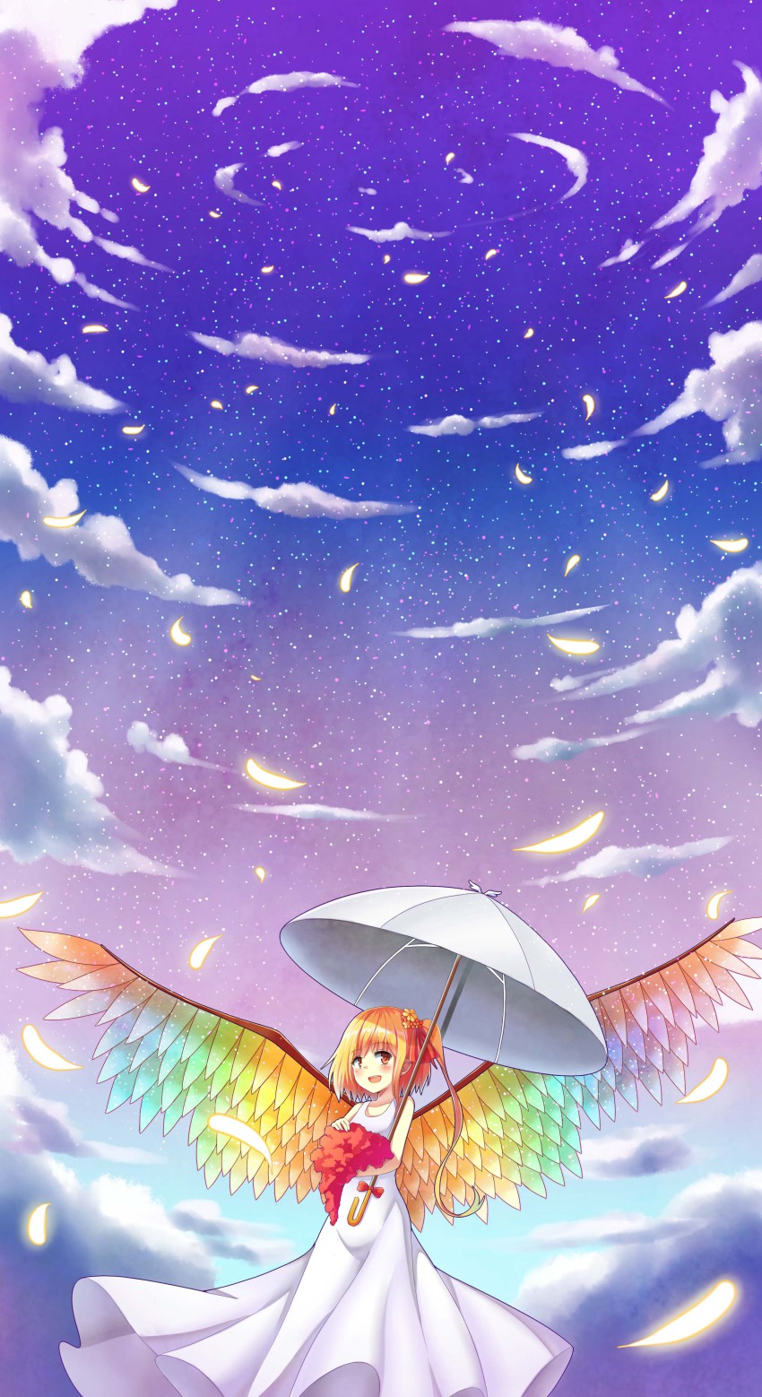 1girl, absurdres, alternate_wings, angel, angel_wings, blonde_hair, blue_sky, blush