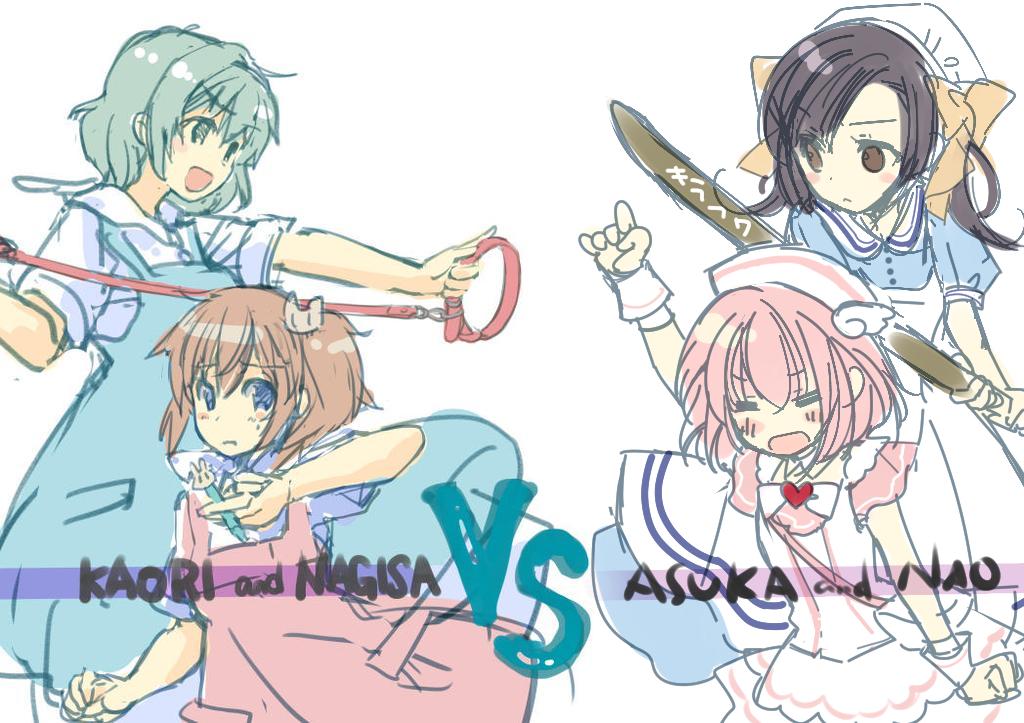 4girls, blue_eyes, blush, brown_hair, choker, clenched_hand, collared_shirt, closed_eyes