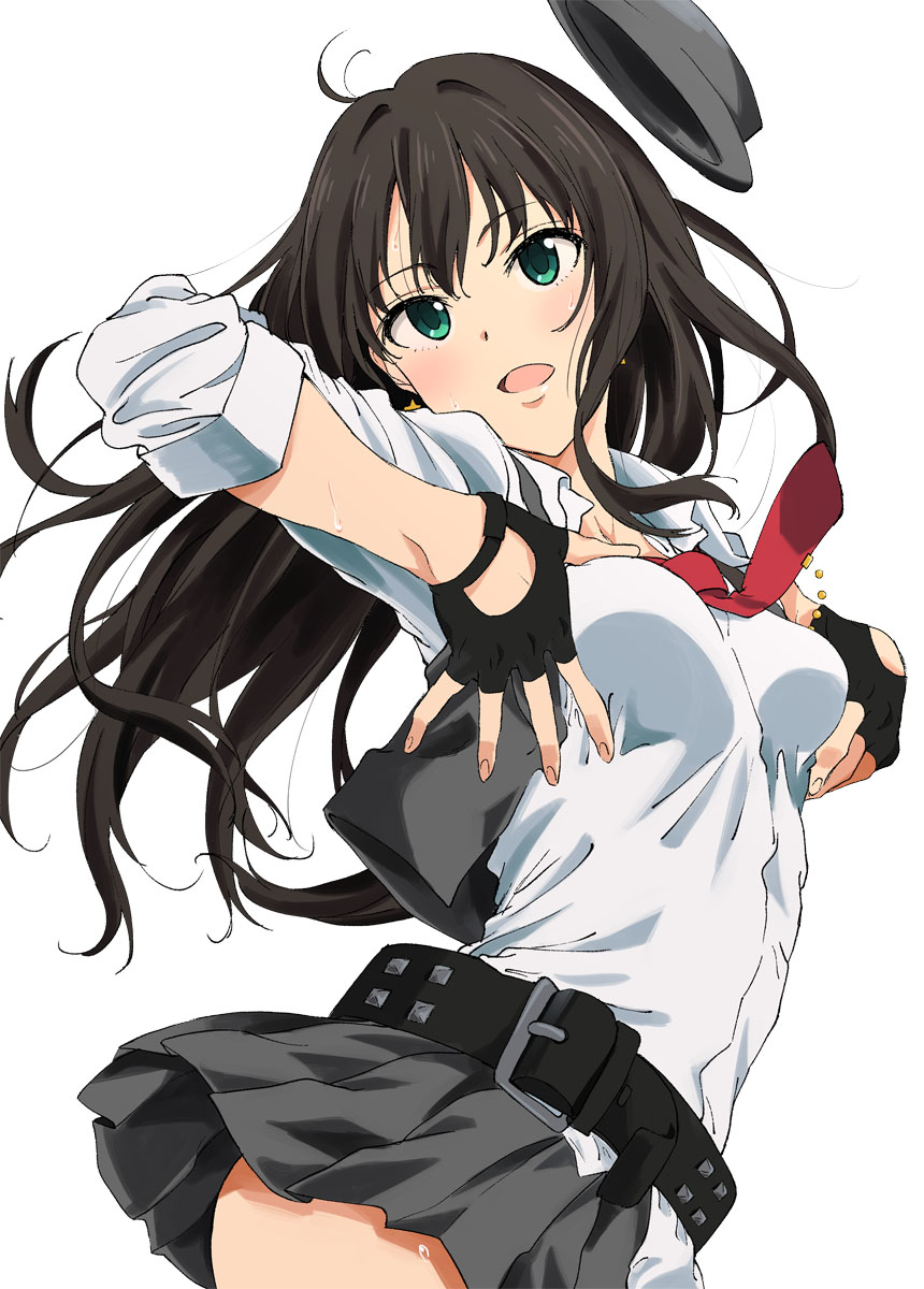 10s, 1girl, belt, blush, breasts, brown_hair, dancing, earrings, female_focus, fingerless_gloves, gloves, green_eyes, hat, highres, idolmaster, idolmaster_cinderella_girls, jewelry, jumping, long_hair, long_sleeves, necktie, rocking_school, shibuya_rin, simple_background, skirt, sleeves_rolled_up, smile, solo, star_(symbol), sweat, vest, yoshiki360