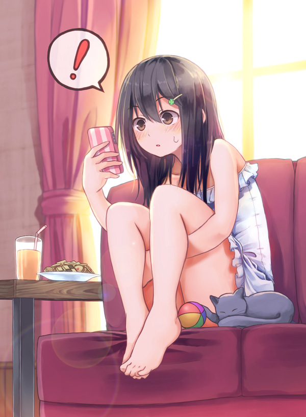 !, 1girl, backlighting, ball, bare_legs, bare_shoulders, barefoot, black_hair, blush, brown_eyes, cat, cellphone, chair, checkerboard_cookie, commentary, cookie, couch, cup, curtains, dress, drink, drinking_glass, drinking_straw, feet, feet_on_chair, female_focus, food, frills, hair_ornament, hairclip, holding, holding_phone, hugging_own_legs, indoors, lens_flare, long_hair, niichi_(komorebi-palette), on_couch, original, phone, sae_shizuka, sitting, smartphone, solo, spoken_exclamation_mark, strapless, strapless_dress, sunlight, sweatdrop, table, thighs, white_dress, window
