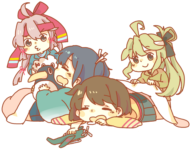 10s, 4girls, ahoge, black_hair, blue_skirt, brown_hair, closed_eyes, drooling