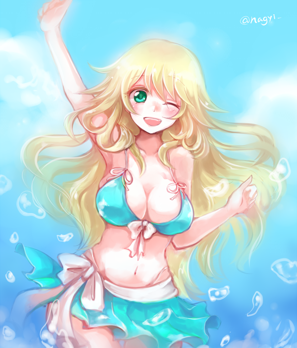 10s, 1girl, :d, ;d, arm_up, artist_name, atago_(kancolle), bikini, bikini_top_only, blonde_hair, blush, breasts, female_focus, green_eyes, kantai_collection, large_breasts, long_hair, looking_at_viewer, nagyi, navel, one_eye_closed, open_mouth, smile, solo, swimsuit, twitter_username