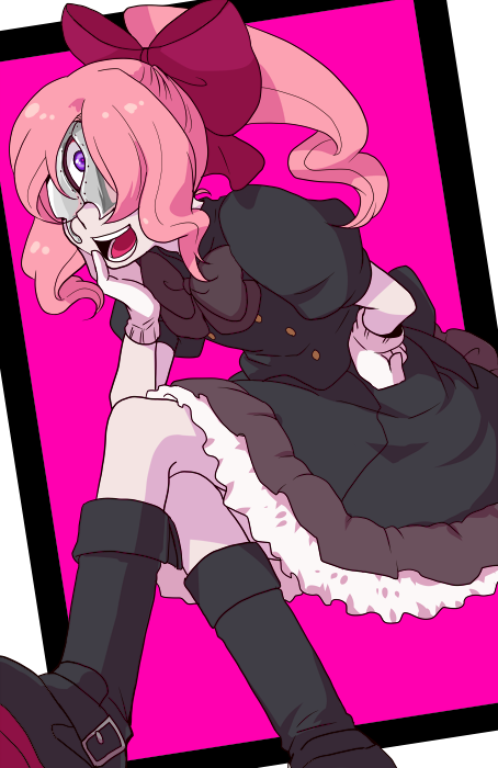 1girl, aligula, boots, dress, female_focus, gloves, kekkai_sensen, long_hair, p-puu, pink_hair, ponytail, solo