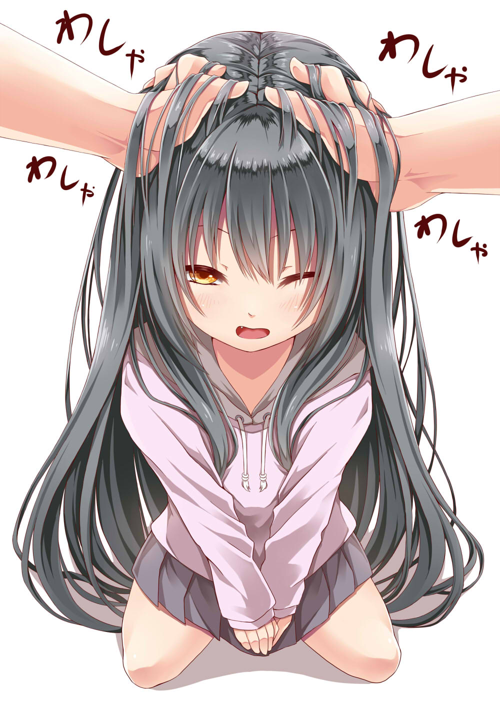 1girl, blush, creek_(moon-sky), fang, green_eyes, grey_hair, hand_on_another's_head, hands_in_hair