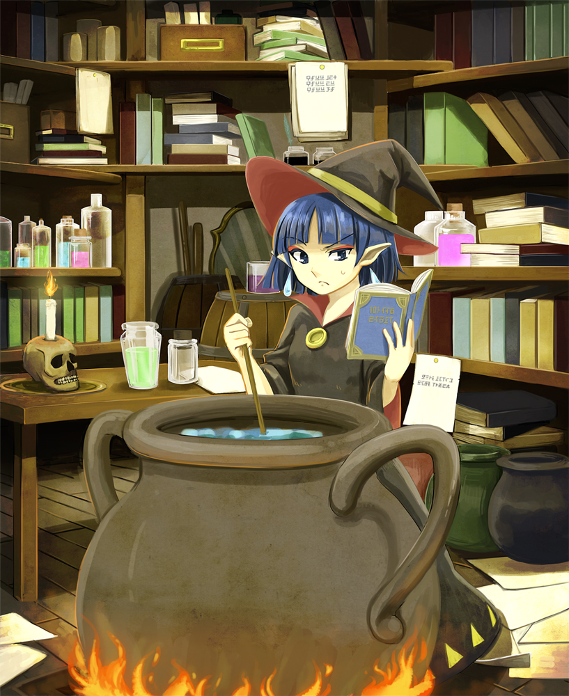 1girl, blue_eyes, blue_hair, book, bookshelf, cauldron, cloak, cooking, dress, eyeshadow, female_focus, frown, hat, ichimoku_(373117), irene_(zelda), long_dress, makeup, matching_hair/eyes, nintendo, open_book, pointy_ears, reading, short_hair, skull, solo, stirring, sweatdrop, the_legend_of_zelda, the_legend_of_zelda:_a_link_between_worlds, witch, witch_hat