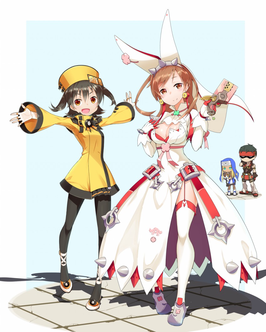 >:d, 2boys, 2girls, :d, akagi_miria, black_hair, blonde_hair, breasts