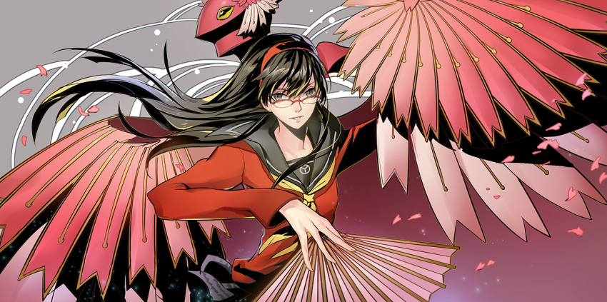 1girl, amagi_yukiko, black_hair, female_focus, glasses, hairband, hand_fan, hui_ming, konohana_sakuya_(persona), persona, persona_4, petals, school_uniform, solo, sweater, wings