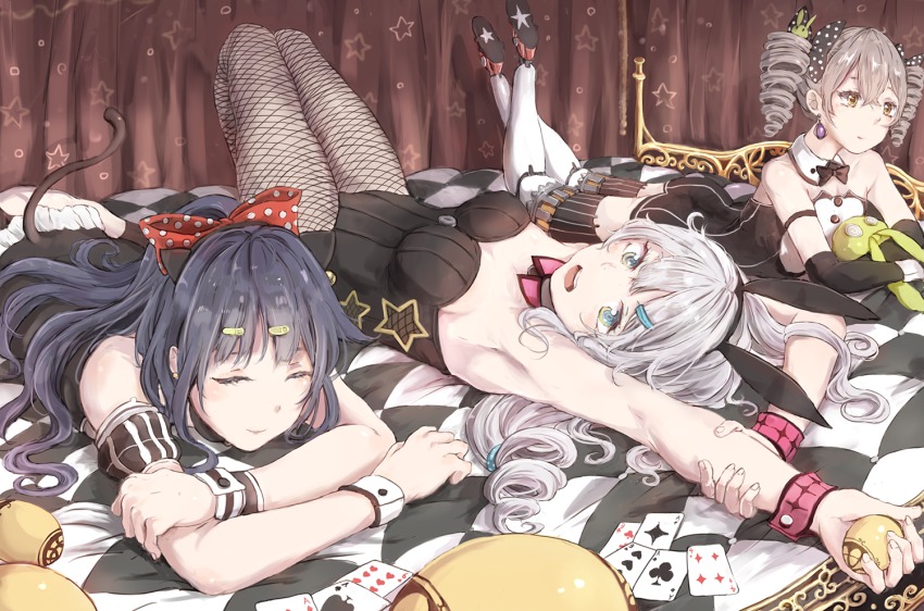 3girls, animal_ears, bad_id, bad_pixiv_id, bed, honkai_gakuen, blue_eyes, blue_hair