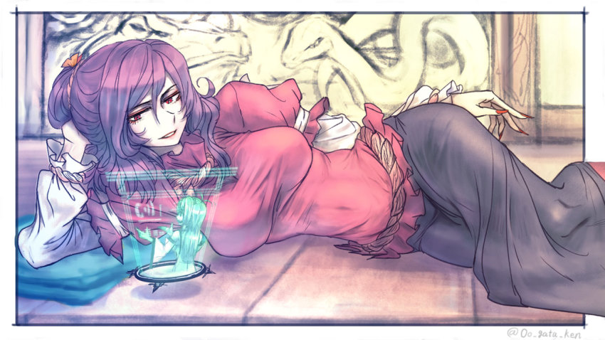 2girls, alternate_hair_length, alternate_hairstyle, animal_print, artist_name, breasts, detached_sleeves, eyelashes