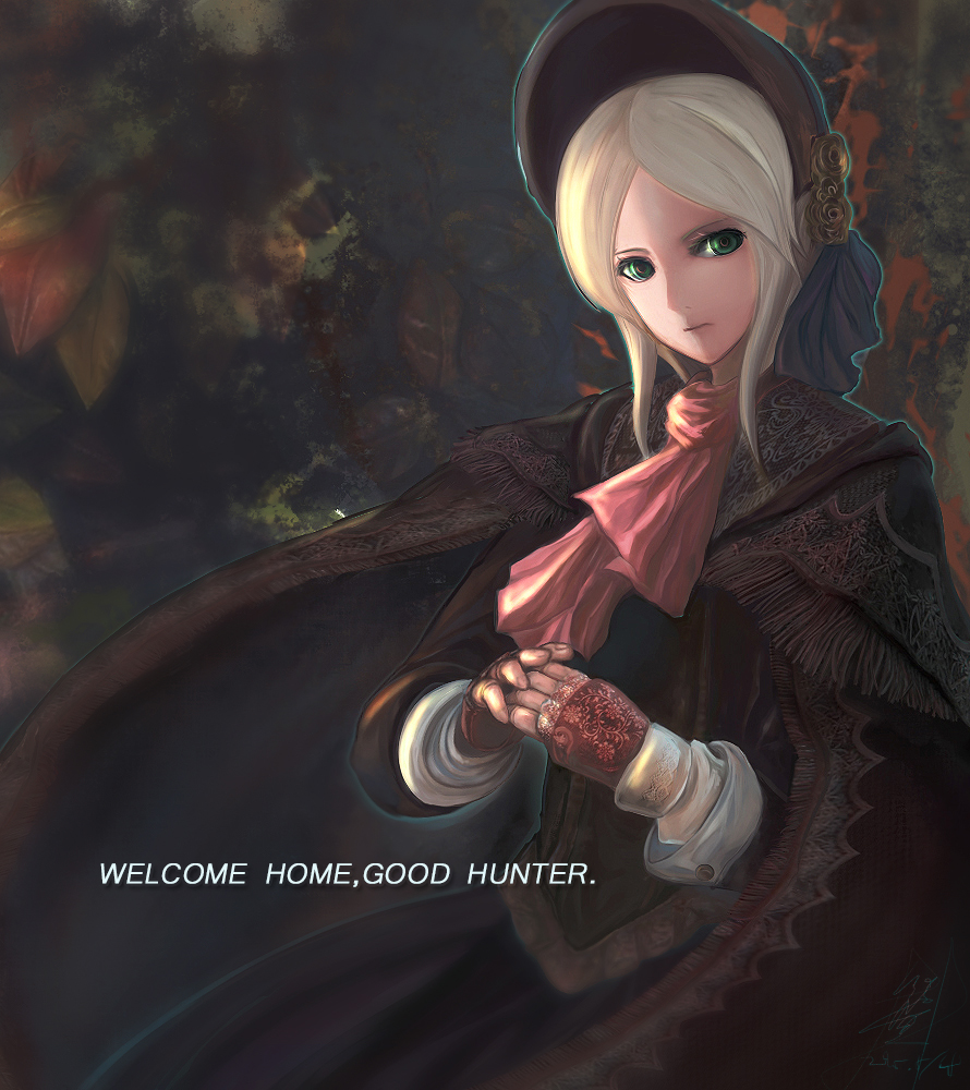 1girl, blonde_hair, bloodborne, bonnet, cloak, doll_joints, english_text, female_focus
