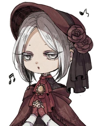 1girl, :o, bad_id, bad_twitter_id, beamed_quavers, bloodborne, bonnet, cloak