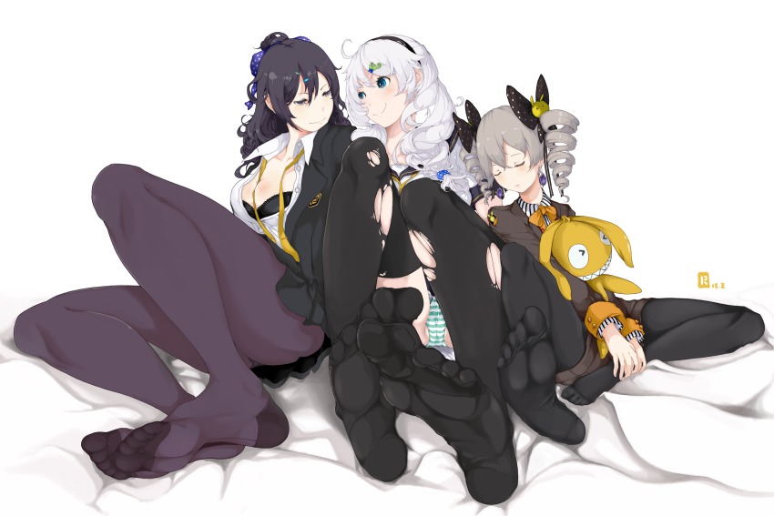 3girls, absurdres, bed_sheet, honkai_gakuen, black_bra, black_legwear, blue_eyes, bow, bra, breasts, bronya_zaychik_(benghuai_xueyuan), chameleon, cleavage, closed_eyes, curly_hair, drill_hair, feet, foot_focus, green_hair, hair_bow, hair_ornament, hairband, hairclip, highres, homu_(honkai_impact), honkai_(series), kiana_kaslana_(benghuai_xueyuan), large_breasts, legs, long_hair, multiple_girls, no_shoes, panties, panties_under_pantyhose, pantyhose, pantyhose_under_shorts, ponytail, raiden_mei_(benghuai_xueyuan), school_uniform, serafuku, shorts, simple_background, skirt, smile, soles, striped_clothes, striped_panties, stuffed_animal, stuffed_rabbit, stuffed_toy, thighhighs, toes, torn_clothes, torn_legwear, twin_drills, underwear, white_background, white_hair