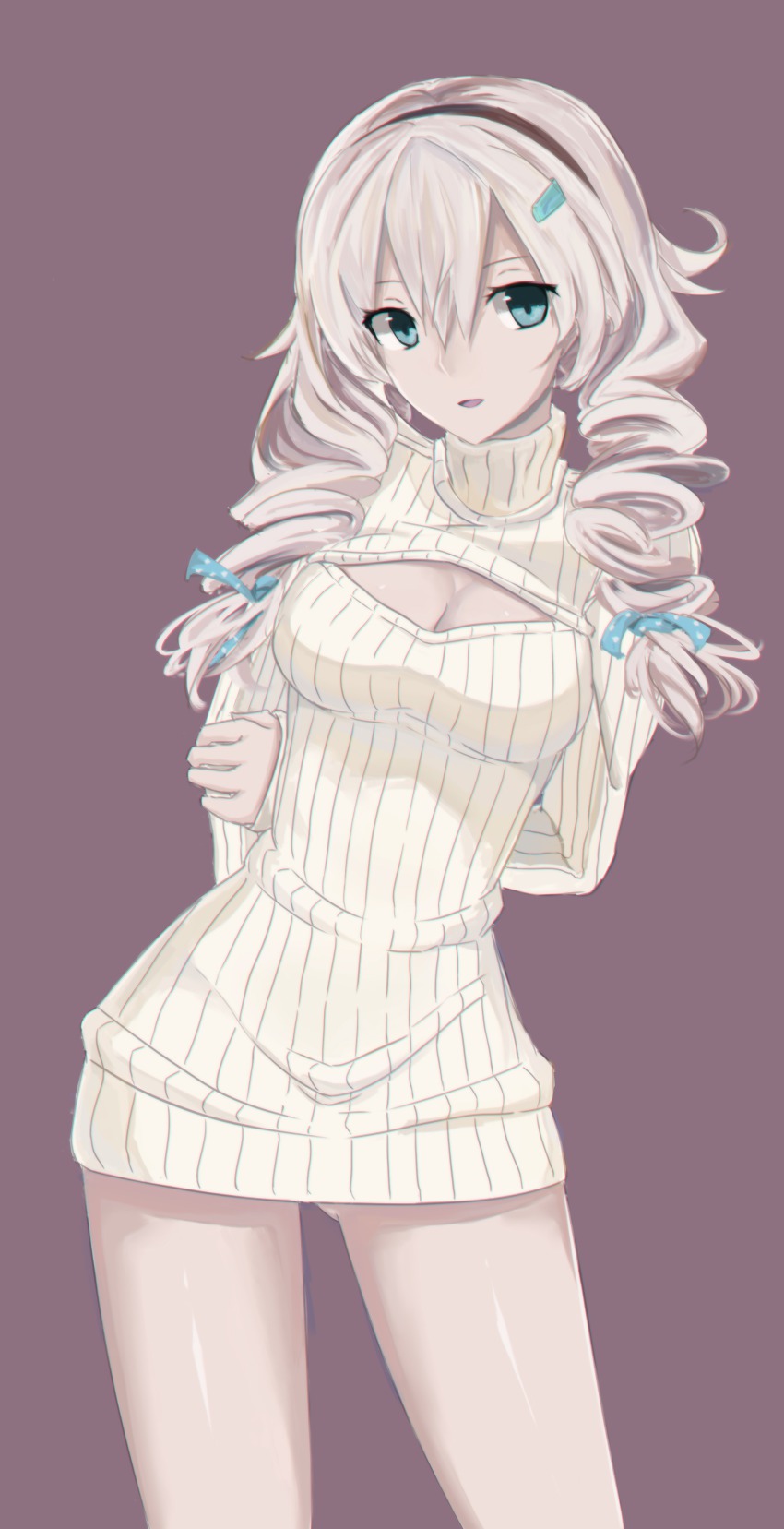 1girl, absurdres, arms_behind_back, bare_legs, honkai_gakuen, blue_eyes, breasts, cleavage, cleavage_cutout, clothing_cutout, curly_hair, drill_hair, female_focus, hair_ornament, hair_ribbon, hairclip, highres, honkai_(series), kiana_kaslana_(benghuai_xueyuan), looking_at_viewer, naked_sweater, open-chest_sweater, ribbed_sweater, ribbon, silver_hair, solo, sweater, turtleneck, twin_drills, vicious_kage