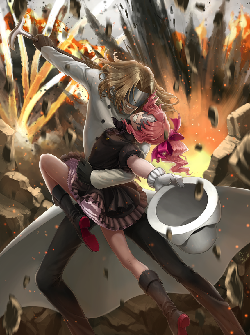 1boy, 1girl, aligula, bad_id, bad_pixiv_id, blindfold, blonde_hair, bodom, dancing, destruction, dress, femt_(kekkai_sensen), gloves, grin, kekkai_sensen, long_hair, pink_hair, ponytail, smile