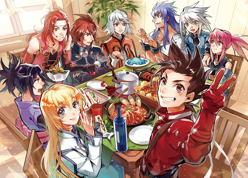 00s, 4girls, 5boys, black_hair, blonde_hair, blue_eyes, blue_hair, bottle, brown_eyes, brown_hair, chair, colette_brunel, croissant, food, fork, fuji_azuki, fujibayashi_sheena, genius_sage, grin, kratos_aurion, lloyd_irving, multiple_boys, multiple_girls, oyster, pink_hair, plate, ponytail, presea_combatir, raine_sage, red_hair, red_shirt, regal_bryan, salad, sandwich, shirt, smile, table, tales_of_(series), tales_of_symphonia, tomato, twintails, v, white_hair, zelos_wilder