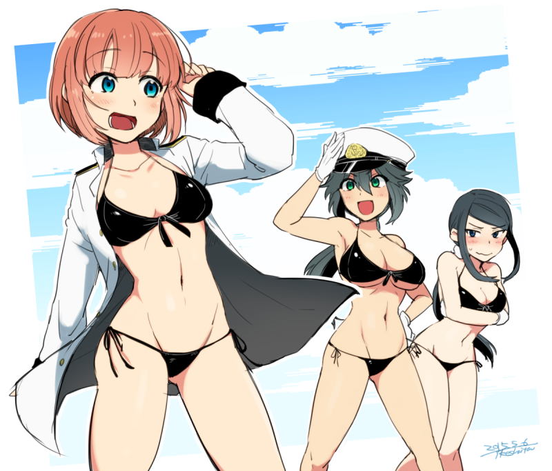 10s, 3girls, bad_id, bad_twitter_id, bikini, black_hair, blue_eyes, blush
