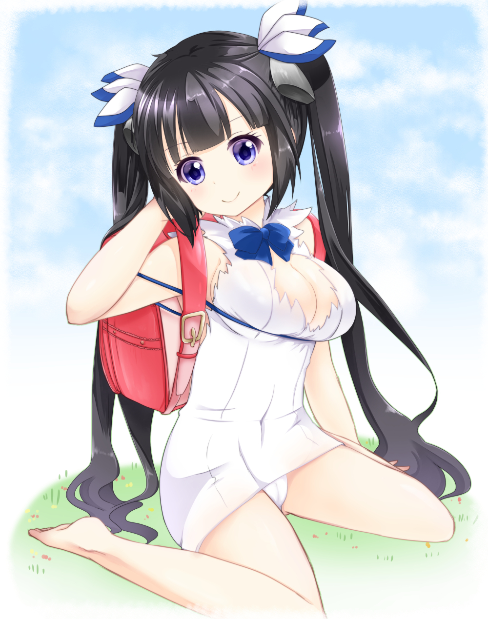 10s, 1girl, backpack, bag, barefoot, black_hair, blue_eyes, breasts