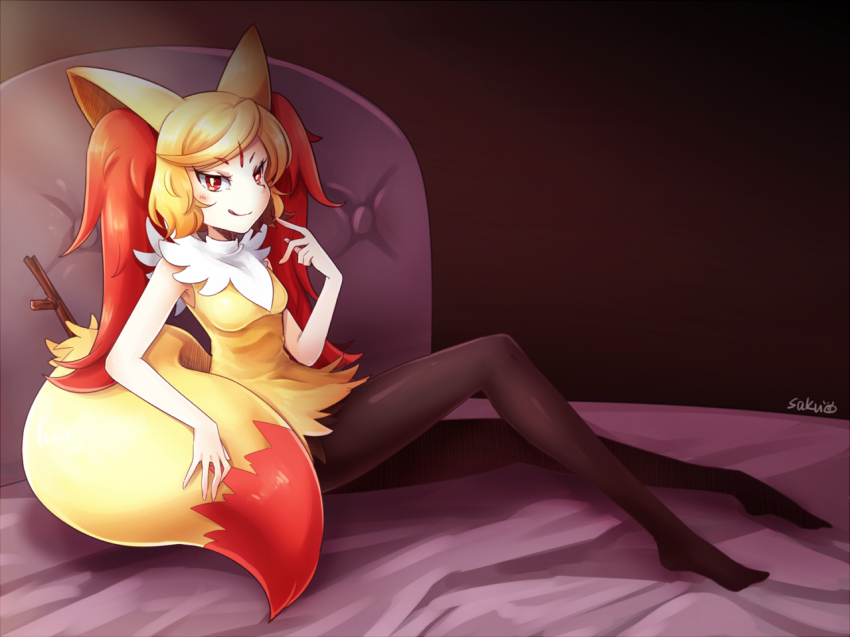 10s, 1girl, :d, aiakasa-sakura, animal_ear_fluff, animal_ears, artist_name, bed, bed_sheet, black_pantyhose, blonde_hair, braixen, eyebrows, facial_mark, female_focus, forehead_mark, gen_6_pokemon, humanization, looking_at_viewer, multicolored_hair, nintendo, on_bed, open_mouth, pantyhose, pointing, pointing_at_self, pokemon, pokemon_x_and_y, red_eyes, seductive_smile, sitting, smile, solo, stick, tail, two-tone_hair