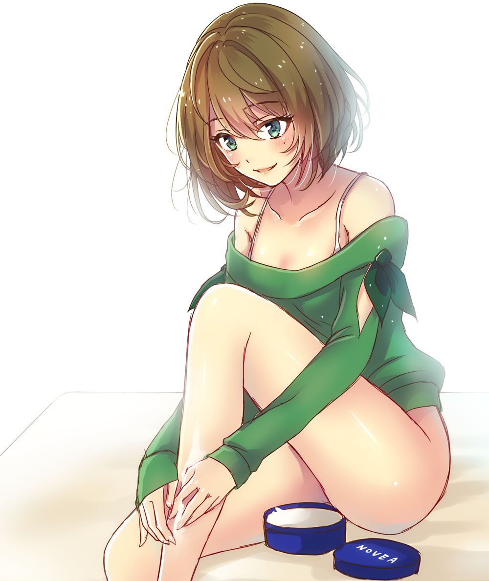 1girl, brand_name_imitation, brown_hair, collarbone, female_focus, green_eyes, heterochromia, idolmaster